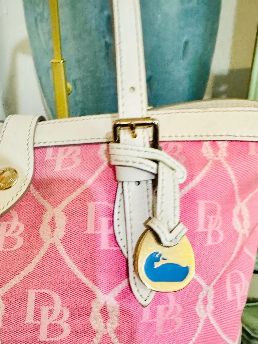 Dooney & Bourke Pink & White Nautical Rope Monogram Tote Vintage Blue Duck - GUC